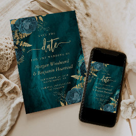Elegante tarjeta de boda de flores de oro azul ver