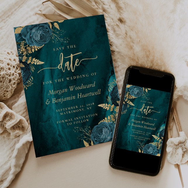 Elegante tarjeta de boda de flores de oro azul ver (Subido por el creador)