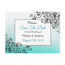 Elegante tarjeta de boda en teal y negro con texto