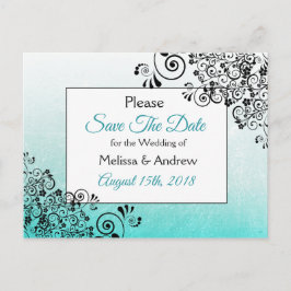 Elegante tarjeta de boda en teal y negro con texto