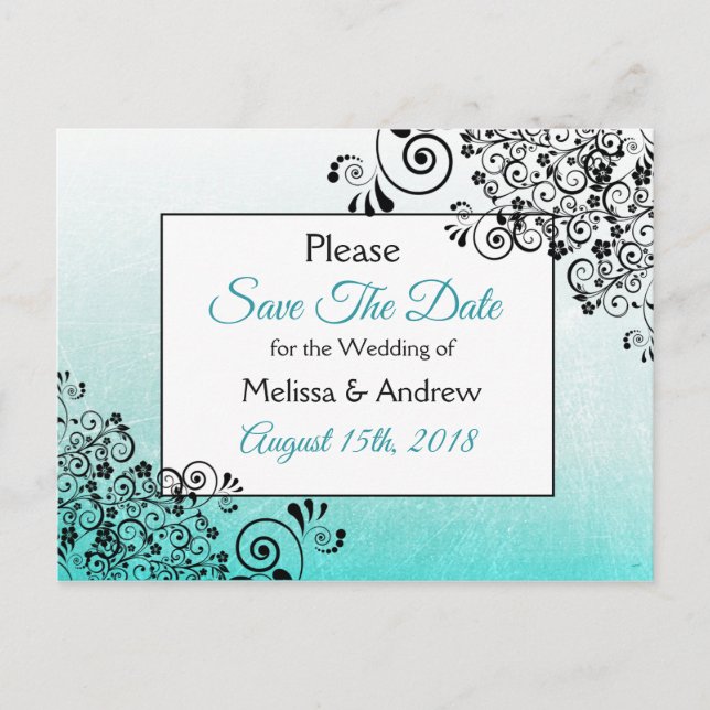 Elegante tarjeta de boda en teal y negro con texto (Anverso)
