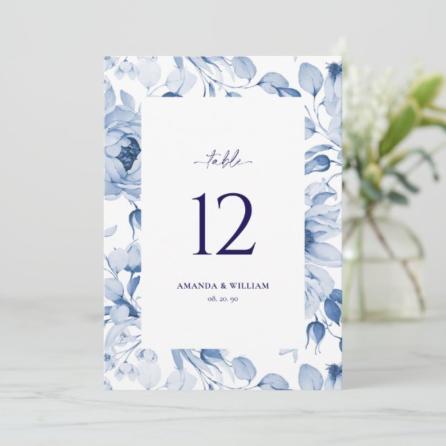 Elegante tarjeta de Boda floral azul número de mes (Anverso de pie)