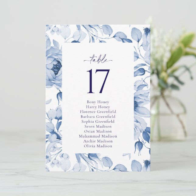 Elegante tarjeta de Boda floral azul número de mes (Anverso de pie)