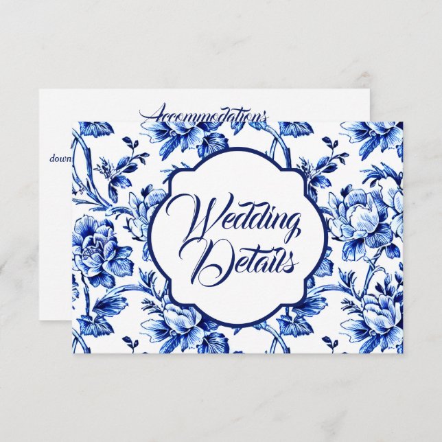 Elegante tarjeta de Boda floral azul y blanca (Anverso / Reverso)