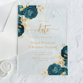 Elegante tarjeta de boda floral dorada y azul turq