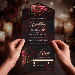 Elegante Tarjeta de Boda Floral Roja Negra Todo en