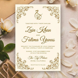 Elegante Tarjeta de Boda Islámica Musulmana Crema 