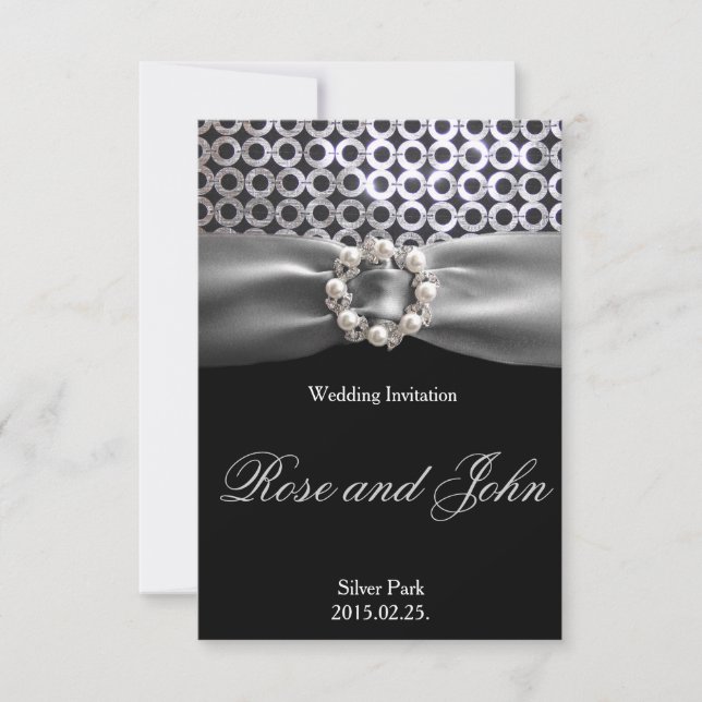 Elegante tarjeta de Boda Pearl Ribbon color Negro  (Anverso)