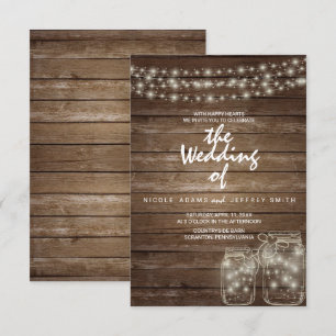 Elegante tarjeta de Boda Rústica Mason Jar Lights