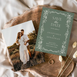 Elegante tarjeta de boda vintage en verde salvia p