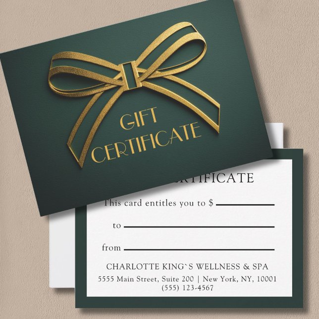 Elegante tarjeta de certificado de regalo de cinta (Custom Elegant Green & Gold Ribbon Gift Certificate Card)
