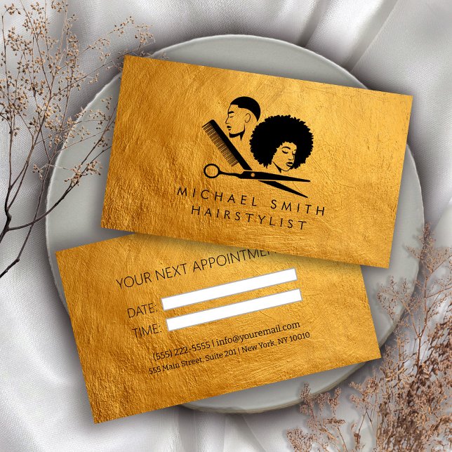 Elegante tarjeta de cita de Hairstylist Black Gold (Subido por el creador)