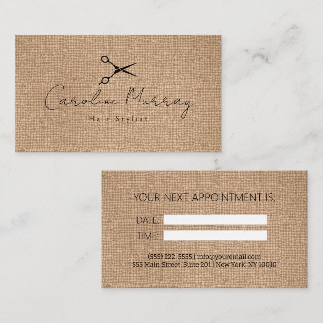 Elegante Tarjeta de Cita Hairstylist (Anverso / Reverso)