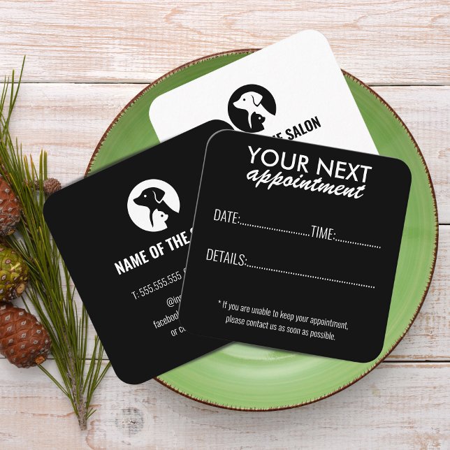 Elegante tarjeta de cita para cuidado de mascotas  (Pet Care Appointment Card with Logo & Cute Animal Art)