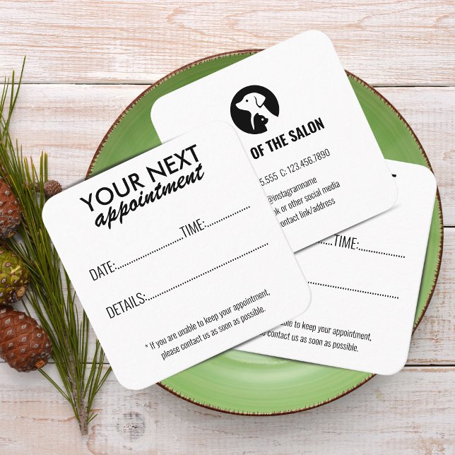 Elegante tarjeta de cita para cuidado de mascotas  (Elegant Pet Care Appointment Card with Logo - Black and white )