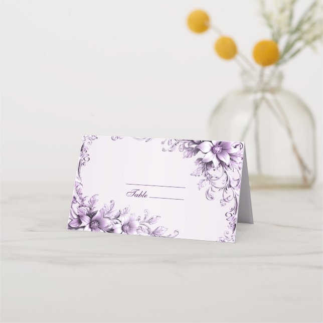 Elegante tarjeta de colocación de flores moradas (Anverso)
