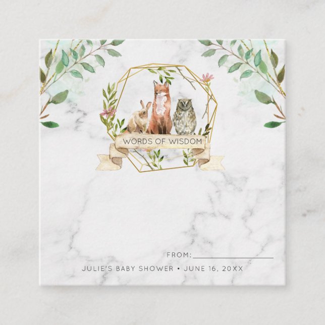 Elegante tarjeta de consejo Baby Shower Woodland (Anverso)