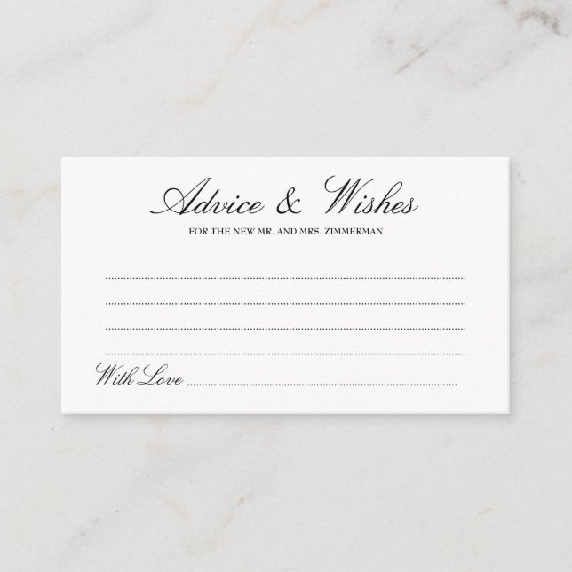 Elegante Tarjeta de Consejos y Deseos del Boda de  (Anverso)