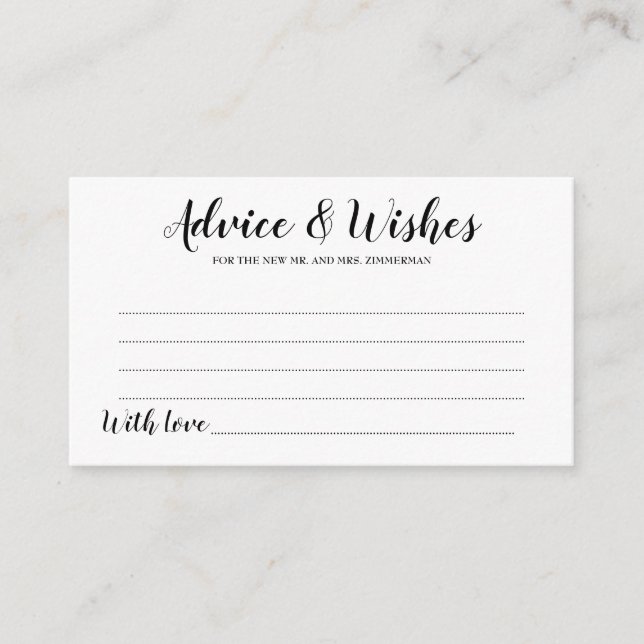 Elegante tarjeta de consejos y deseos para Bodas d (Anverso)