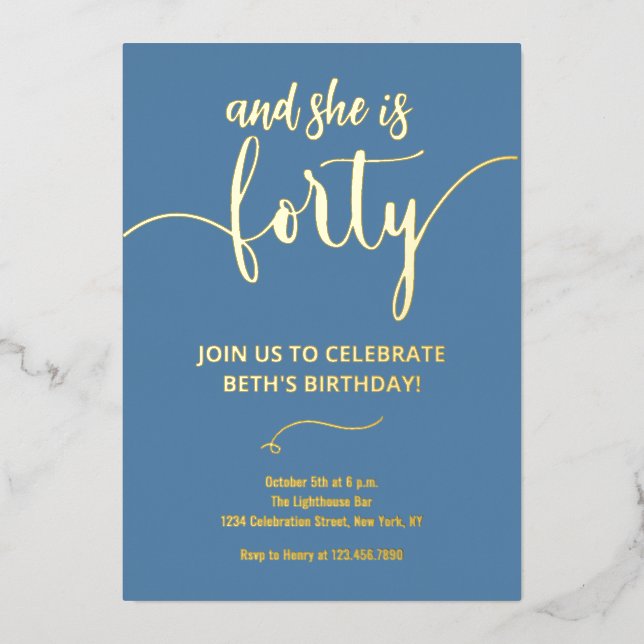 Elegante tarjeta de cumpleaños 40 azul polvoriento (Anverso)