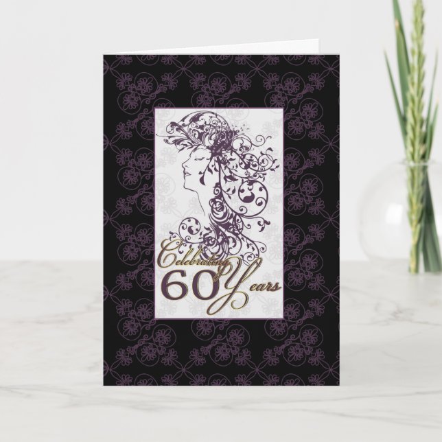 elegante tarjeta de cumpleaños 60 morado y negro (Anverso)