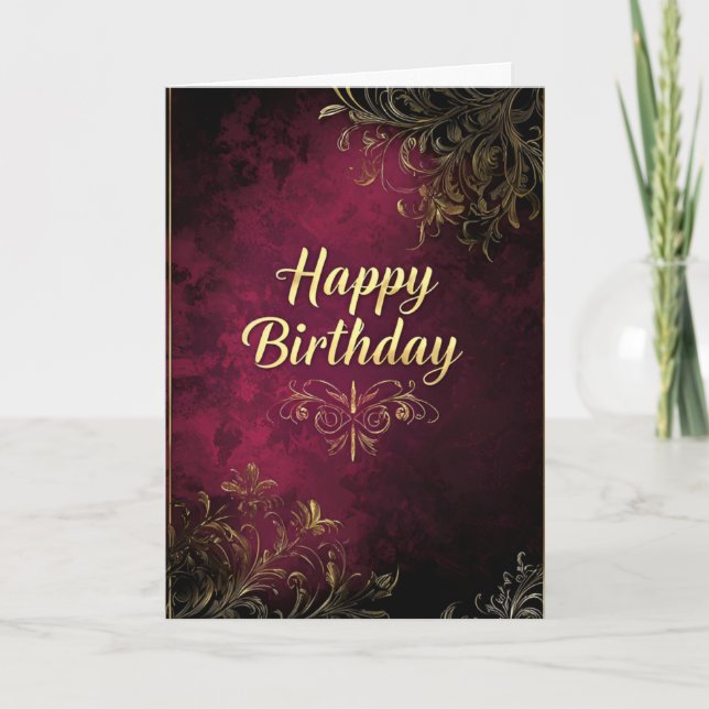 Elegante tarjeta de cumpleaños de Borgoña y Faux G (Anverso)