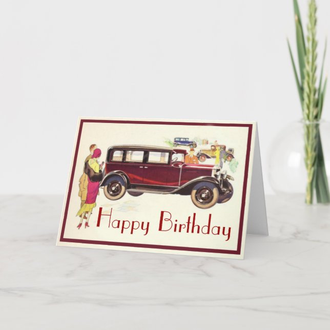 Elegante tarjeta de cumpleaños de coches de época (Anverso)