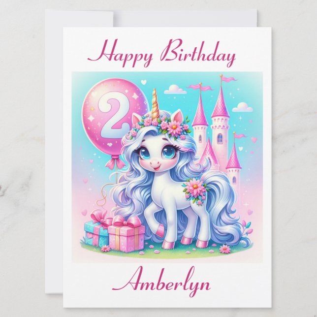 Elegante tarjeta de cumpleaños de Unicornio de 2 a (Anverso)