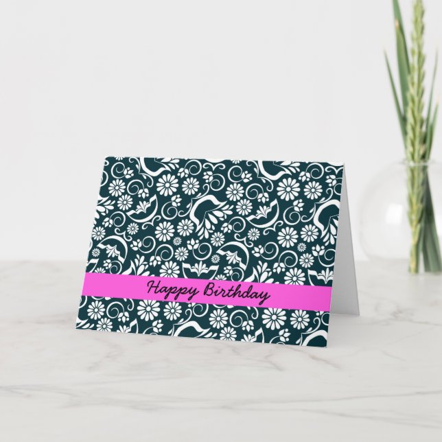 Elegante tarjeta de cumpleaños floral blanca y neg (Anverso)