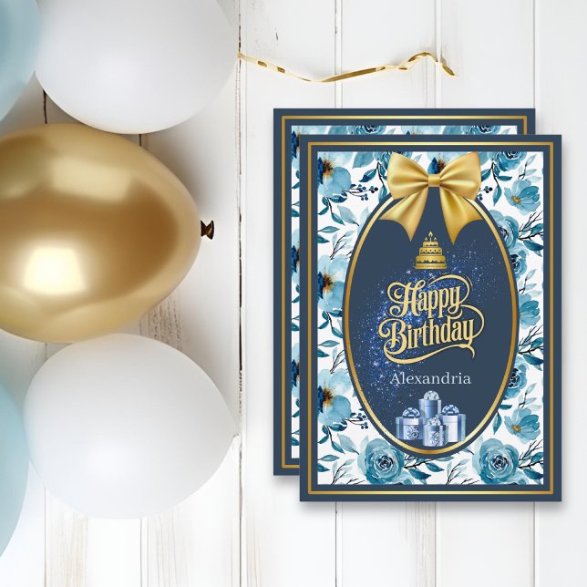 Elegante tarjeta de cumpleaños floral color azul b (Subido por el creador)