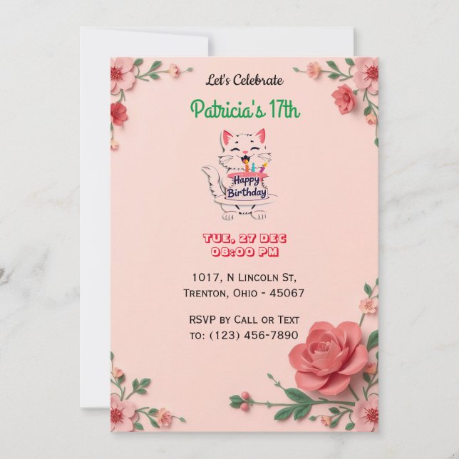 Elegante tarjeta de cumpleaños floral con flores r (Anverso)