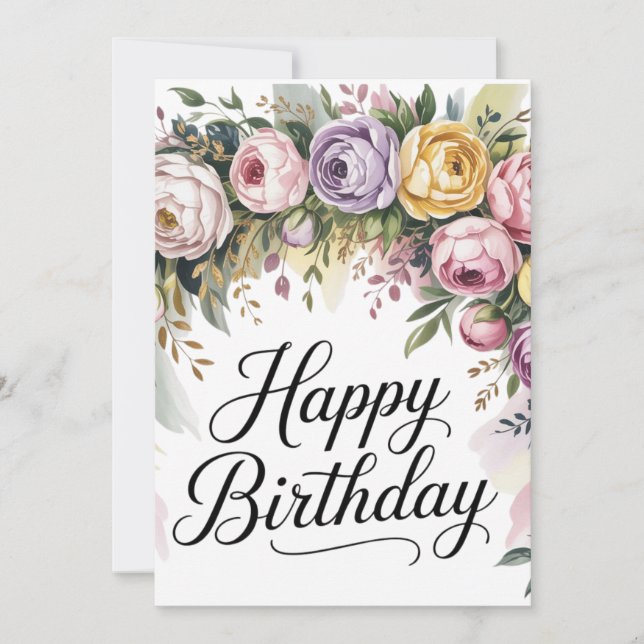 Elegante tarjeta de cumpleaños floral - Flores acu (Anverso)