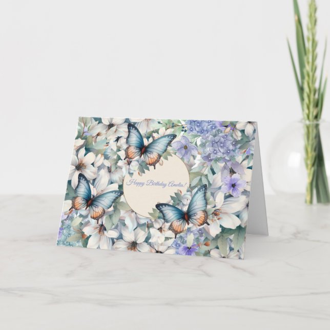 Elegante tarjeta de cumpleaños Floral y mariposas (Anverso)