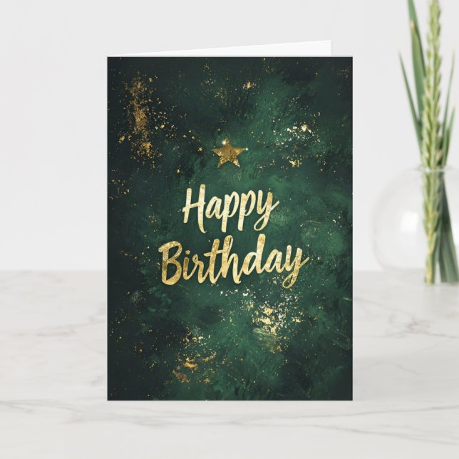 Elegante tarjeta de cumpleaños verde y falso dorad (Anverso)