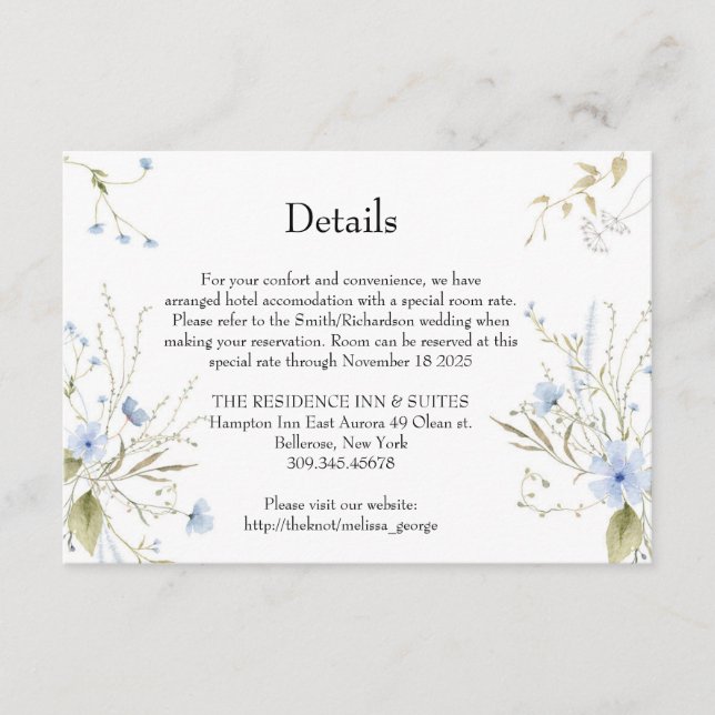 Elegante tarjeta de detalles azul suave Wildflower (Anverso)