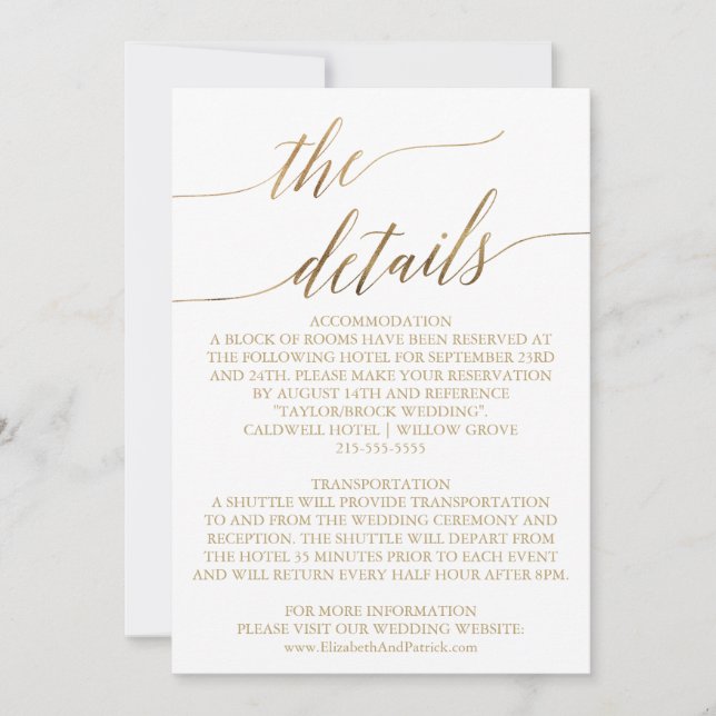 Elegante tarjeta de detalles Boda Gold Caligraphy  (Anverso)