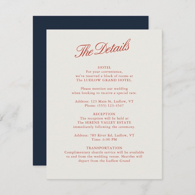 Elegante tarjeta de detalles clásica de Boda de ma (Anverso / Reverso)