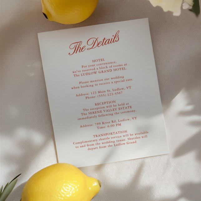 Elegante tarjeta de detalles clásica de Boda de ma (Elegant Classic Red & Ivory Wedding Details Card)