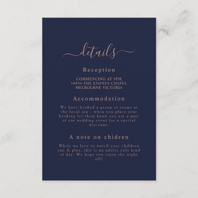 Elegante tarjeta de detalles de Boda azul de la Ma (Anverso)