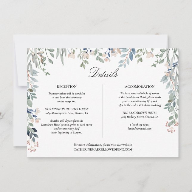 Elegante tarjeta de detalles de Boda con cascada f (Anverso)