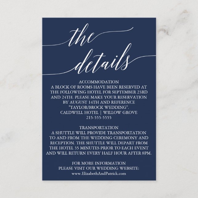 Elegante tarjeta de detalles de Boda de caligrafía (Anverso)