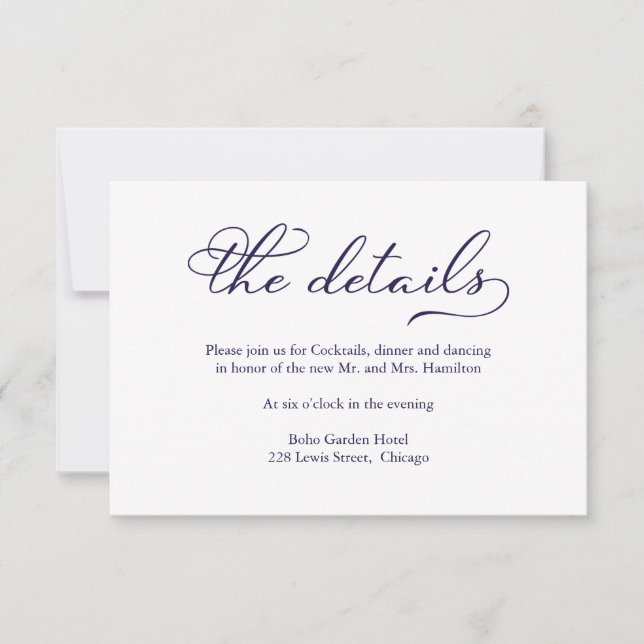 Elegante tarjeta de detalles de Boda de escritura  (Anverso)