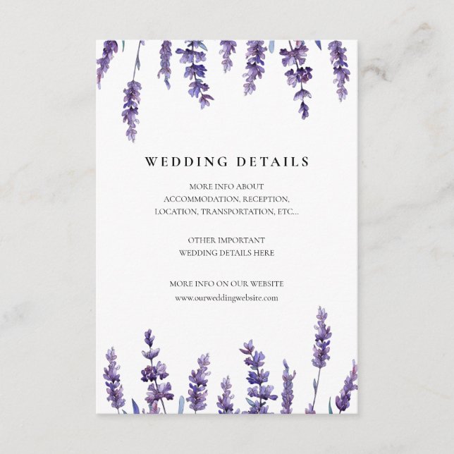 Elegante tarjeta de detalles de boda de lavanda fl (Anverso)