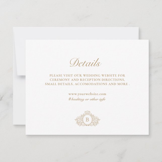 Elegante tarjeta de detalles de Boda dorado y blan (Anverso)