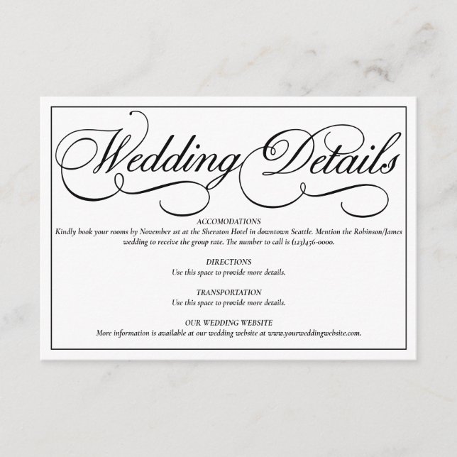 Elegante tarjeta de detalles de Boda formal blanco (Anverso)