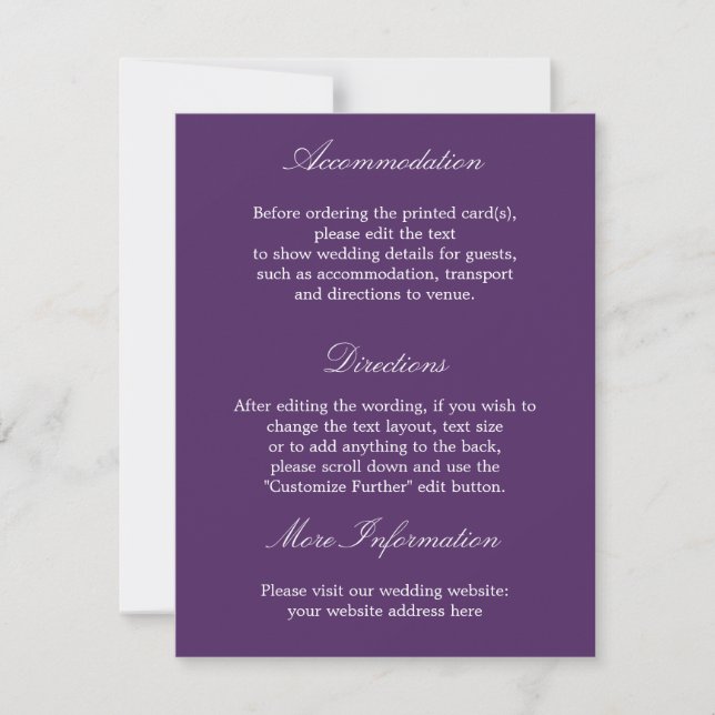 Elegante Tarjeta de detalles de Boda morado oscuro (Anverso)