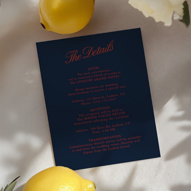Elegante tarjeta de detalles de Boda rojo y azul p (Elegant Red & Deep Blue Black Wedding Details Card)
