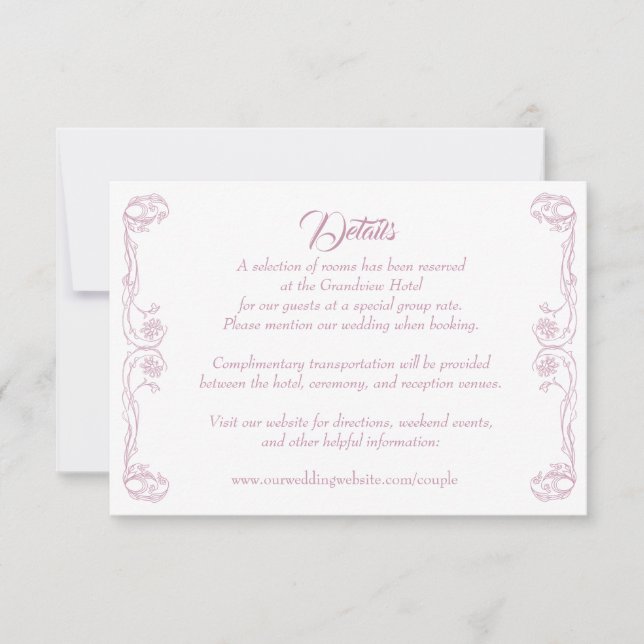 Elegante Tarjeta de detalles de boda - Rosa verde  (Anverso)