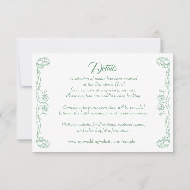 Elegante Tarjeta de detalles de boda - Rosa verde  (Anverso)
