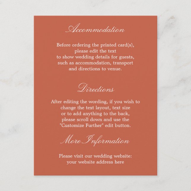 Elegante tarjeta de detalles de Boda Terracotta (Anverso)